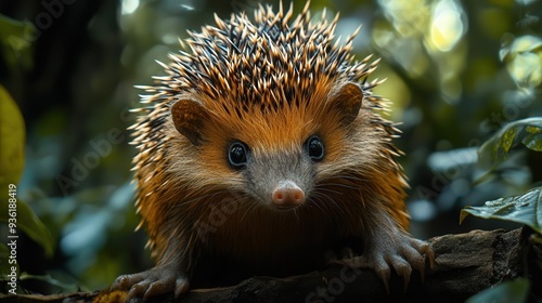 4K Realistic Lowland streaked tenrec, spiky hedgehog-like mammal, Madagascar forest,