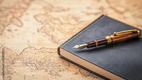 Vintage Pen and Journal on Old World Map.