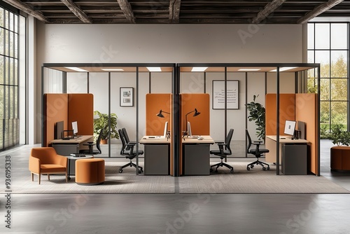 Movable office pods and partition walls that allow teams to create private or open collaborative spaces as needed, modular office, flexible and adaptive workspace