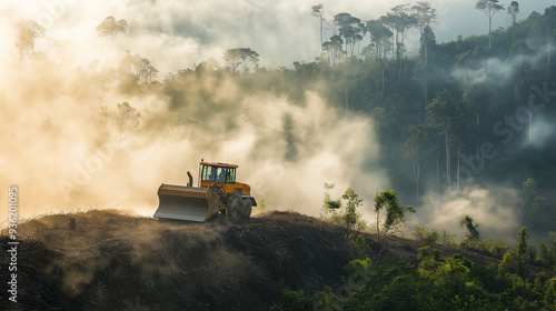 Yellow bulldozer destroying lush green forest for palm oil production