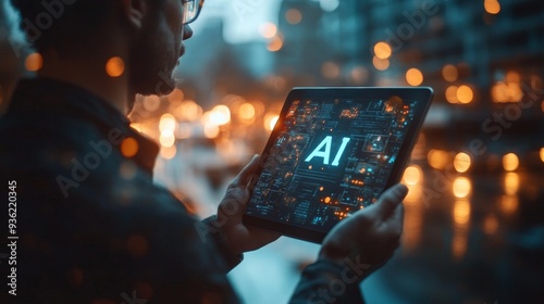 The man shows a tablet with the word "AI" projected in the air.