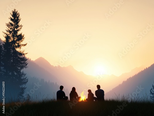 Friends and family sitting around a campfire telling stories at dusk