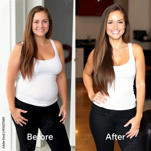 Woman posing before and after weight loss. Diet and healthy nutrition. Fitness results, get fit. Liposuction results, plastic surgery. Transformation from fat to athlete. Overweight and slim, training