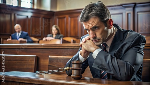 A handcuffed person sits in a courtroom, looking worried and anxious, as a judge bangs a gavel, symbolizing the uncertainty of a criminal trial outcome.