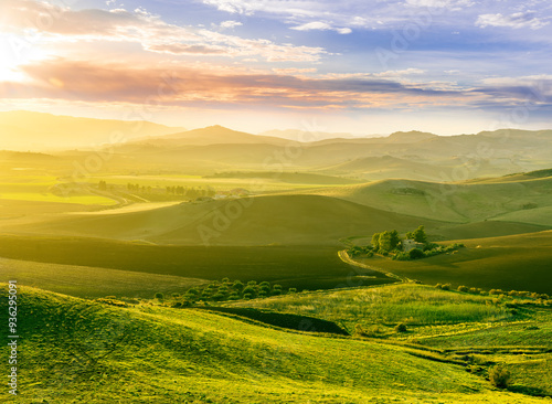 spring green field landscape in beautiful countryside with green and yellow grass, rural hills and amazing cloudy sky on background. Agriculture landscape with rural view