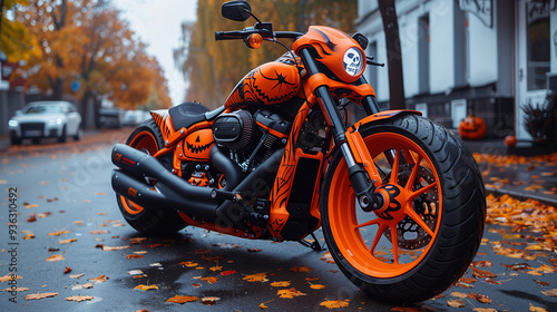 modern motorcycle decorated with Halloween attributes. pumpkins, jack-o-lanterns, bats. horizontal banner