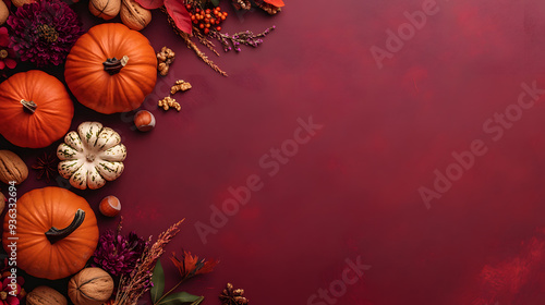 Halloween background. Pumpkins and other vegetables on burgundy background. Copy space