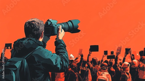 A photojournalist capturing a moment of protest with a camera, surrounded by demonstrators, with a light solid color background