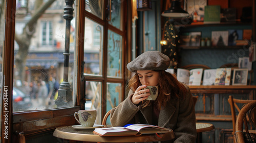 A girl in a beret, sipping coffee while reading a book at a small cafÃ© in Paris