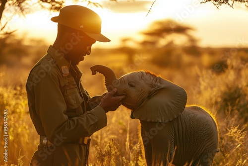 Ranger Bonding with Baby Elephant at Sunset