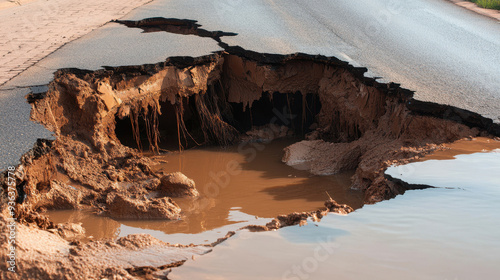 A large sinkhole has formed on road, revealing muddy water and exposed soil, creating hazardous situation.