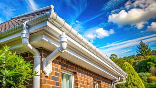 Clean and well-maintained white guttering system attached to a traditional UK residential property's roof, with lush greenery and bright blue sky in the background.