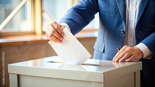 Close-up of a person's hand inserting a ballot into a voting box, symbolizing democracy and civic duty in a free and fair election process.