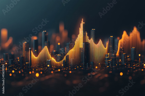 Digital waves of data flowing through a modern cityscape, representing the impact of economic policy on urban growth, economic flow, city development