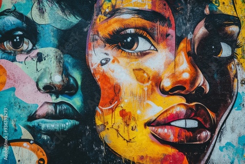 A striking depiction of social justice themes is vividly painted on a city wall, featuring colorful portraits that evoke strong emotions and messages of empowerment