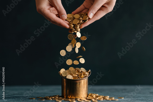 Hands pouring coins into a funnel leading to public infrastructure projects, symbolizing government spending, public investment, fiscal allocation