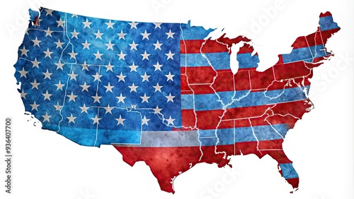 Colorful map of the United States filled with red and blue states, indicating election results, with a subtle American flag texture in the background.