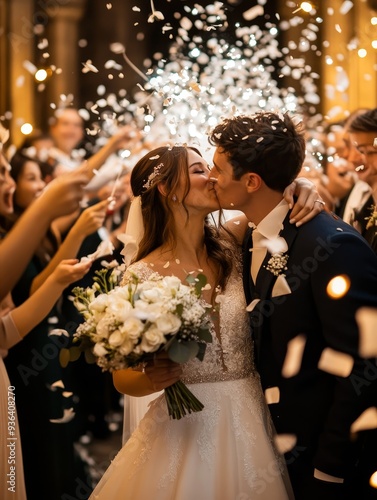 Joyful wedding celebration with the couple surrounded by guests throwing confetti in a romantic venue at night