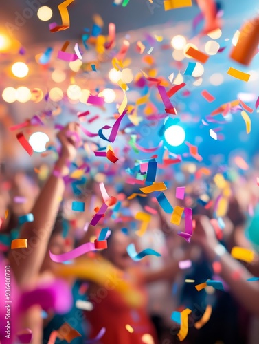 Colorful confetti showers over a lively crowd celebrating at a vibrant party in an illuminated venue at night