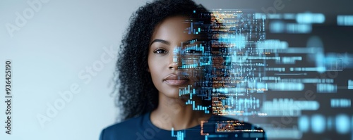 AI-focused digital art showing a Black female IT professional, blending human features with cybersecurity data streams, Generative AI