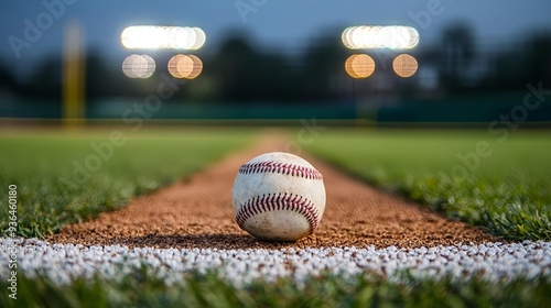 Dramatic evening shot of a baseball diamond, stadium lights casting a glow over the field, evoking anticipation and the thrill of the sport