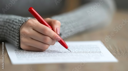 Hand with a red pen correcting text, representing the meticulous process of editing and proofreading in written communication