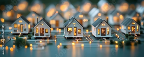 Grid of tiny homes linked by illuminated circuits, depicting the future of residential living through technology and connectivity