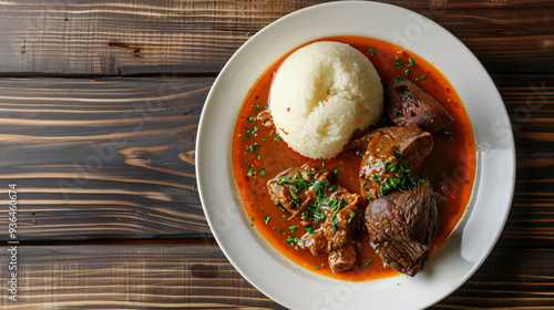 Beef stew with sadza, nshima or pap served on a white plate with thick gravy and fresh coriander garnish