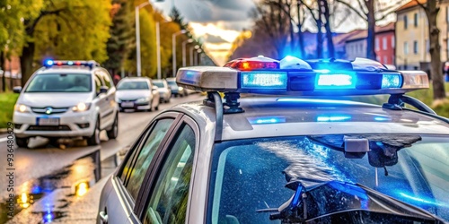 Emergency lights flashing, an undercover police vehicle is involved in a road accident on a wet Krzywizna street in Poland, with damage visible on the car's side.