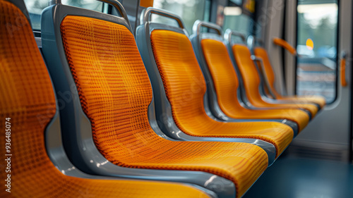 Empty orange seats in a modern public transportation train.