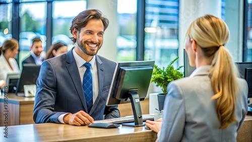 Friendly bank representative smiles while assisting customer at modern banking counter, surrounded by computer screens and financial documents in a busy financial institution.