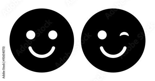 Smile and wink or eye blink face emoji smiley set in black and white color. Winking Face. Eye wink emoji, funny emoticon with smile. Smile icon vector.