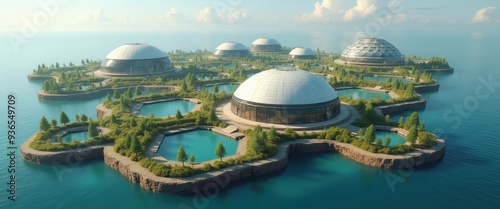 A stunning aerial view of a modern eco-resort featuring innovative dome structures surrounded by lush greenery and tranquil waters, perfect for sustainable tourism visuals.