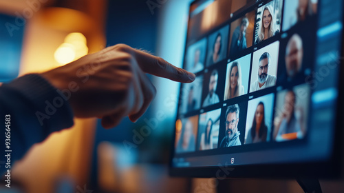 Close-up of a hand pointing at participants on a computer screen during a virtual meeting, highlighting digital communication. 