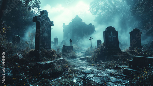 Misty old cemetery with weathered tombstones and a crypt in the background