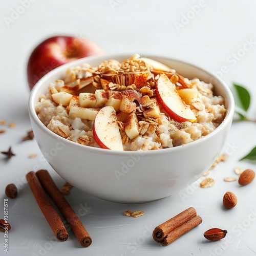 Warm oatmeal with cinnamon and apple slices on solid white background, single object