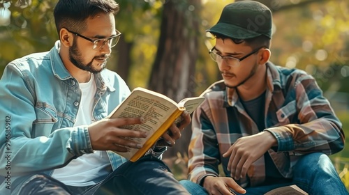 Two men read and studied the bible at the park and prayed together sharing the gospel with a friend.