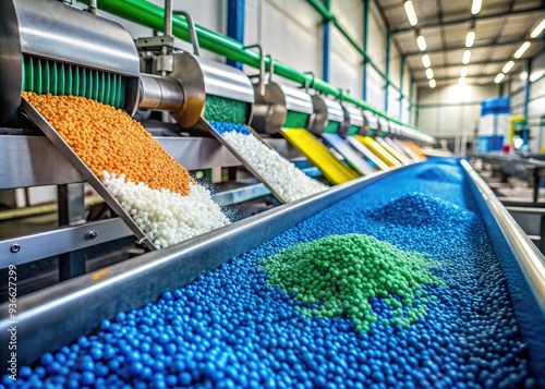 Pellets of plastic materials are manufactured through a petrochemical process at a factory, showcasing the compound beads production from raw polymer pellets.