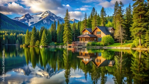 Serene northwest waterfront home nestled among towering evergreen trees, surrounded by serene water reflections and majestic mountain views on a sunny afternoon.