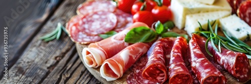 Platter featuring salami, prosciutto, and fresh cheese as traditional appetizers.