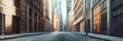 Urban solitude captures an empty street at dawn with towering buildings reflecting morning light in a bustling city