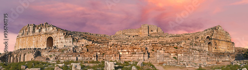 Miletus, city or theater for history, travel or ancient archeology outdoor in Turkiye. Tourism, building or architecture with amphitheater ruins for culture, heritage site or holiday banner at sunset