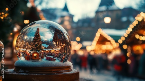 A stunning snow globe captures the warmth of a Christmas market filled with lights, decorated trees, and joyful visitors during winter