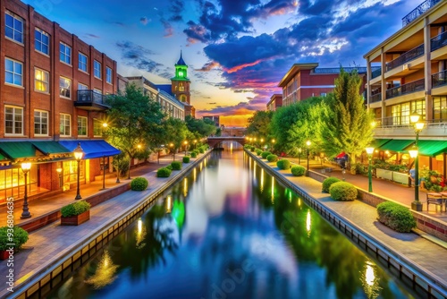 Vibrant evening scene in Bricktown entertainment district, downtown Oklahoma City, featuring the tranquil navigable canal lined with restaurants, bars, and vibrant city lights.