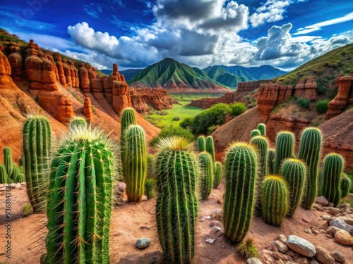 Vibrant green cacti thrive amidst rust-red rock formations and arid terrain in the stunning desert landscape of Huila, Colombia, showcasing nature's contrasts.