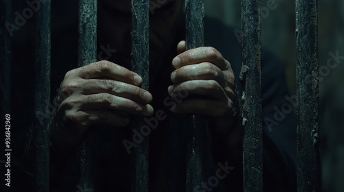 Close-Up of Hands Behind Bars: Desperate Man in Prison, Capturing Isolation, Confinement, and Incarceration