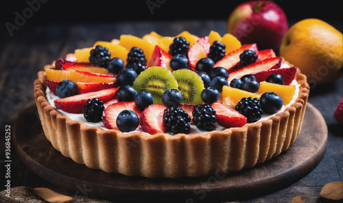 A fresh fruit tart sits on a wooden table