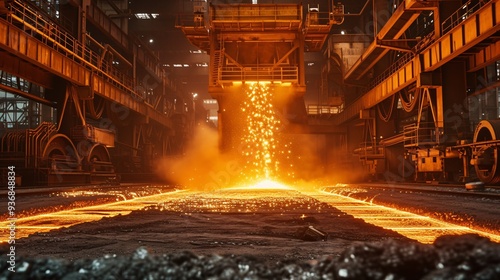 Fiery molten metal flows from a furnace in a bustling steel factory, showcasing the dynamic process of metal production in an industrial setting.