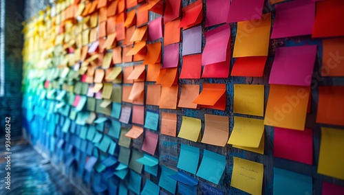 A vibrant wall covered with colorful sticky notes, representing creativity and brainstorming in a modern office environment.