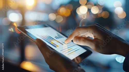 A person using an tablet to view financial data on graphs and charts